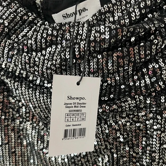 Showpo Joycee Midi Off Shoulder Thigh Split Sequin Dress in Gunmetal - Picture 5 of 6